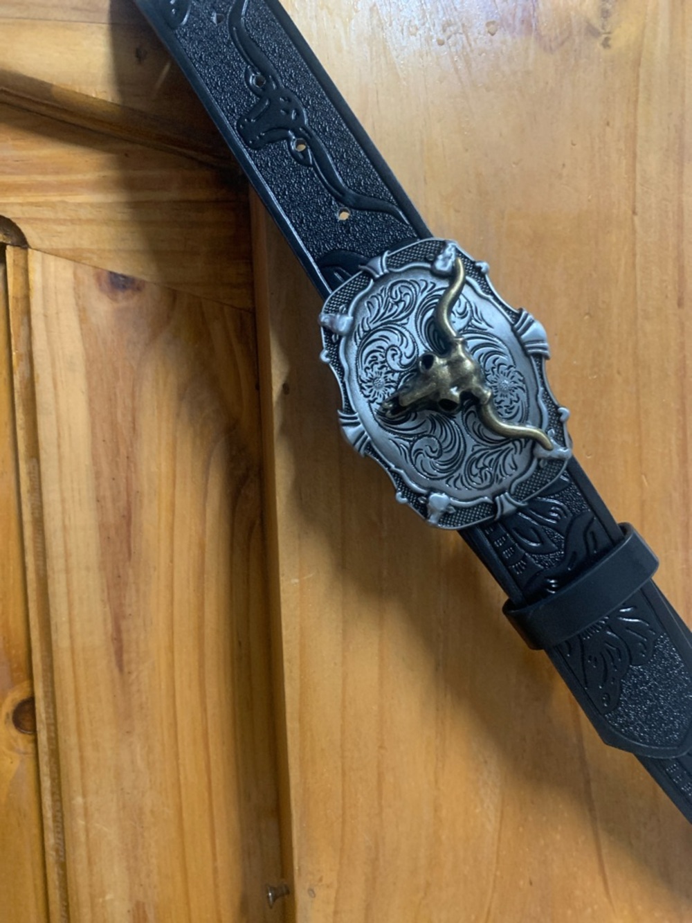 Black Western Bull Head Leather Belt with Decorative Buckle